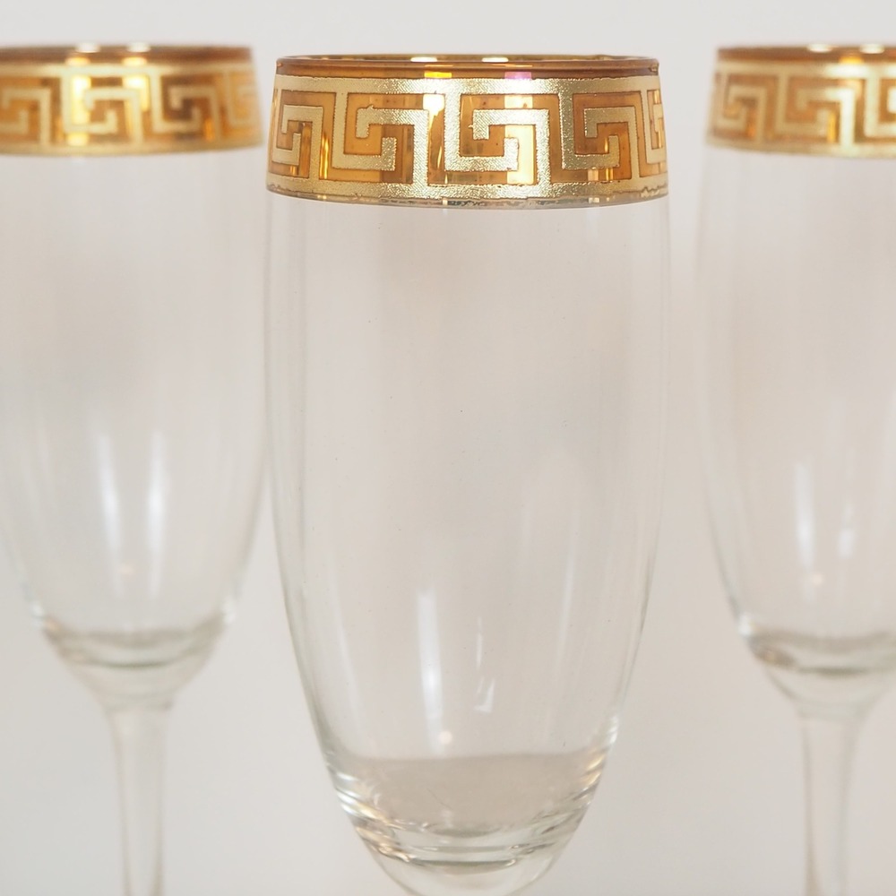 Vtg Gold Rimmed Glass Champagne Flutes Six Pcs Made in Italy Greek Key Art Deco - Picture 2 of 10